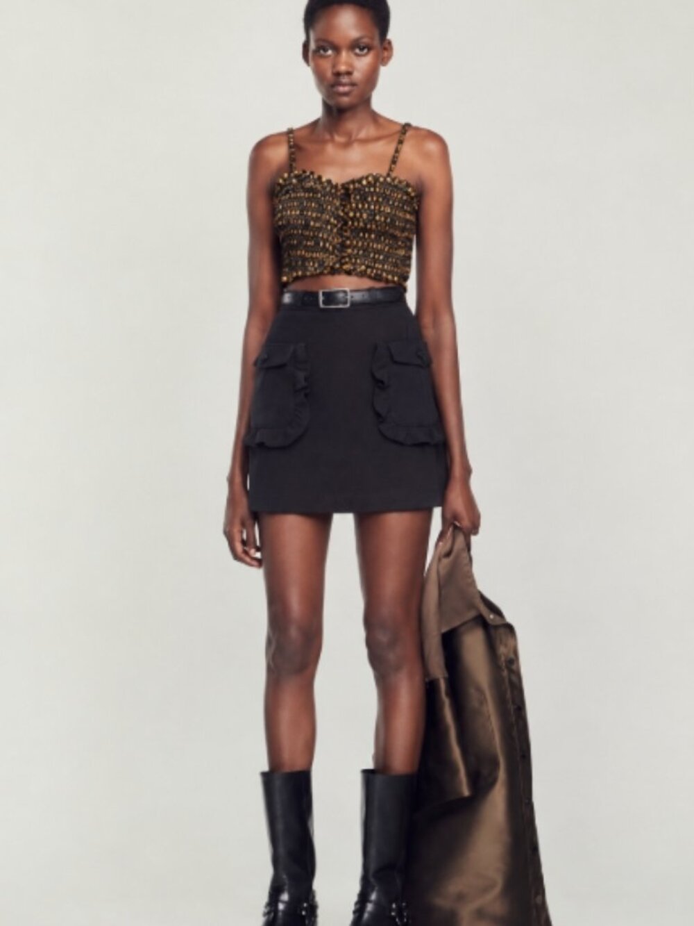 SANDRO Frill-pocket Stretch-woven Mini Skirt in Deep Navy $220